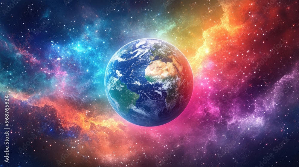 A stunning depiction of Earth, set against the backdrop of a vibrant galaxy, with swirling stars and colorful cosmic dust filling the sky A stunning depiction of Earth, set against the backdrop of a vibrant galaxy, with swirling stars and colorful cosmic dust filling the sky