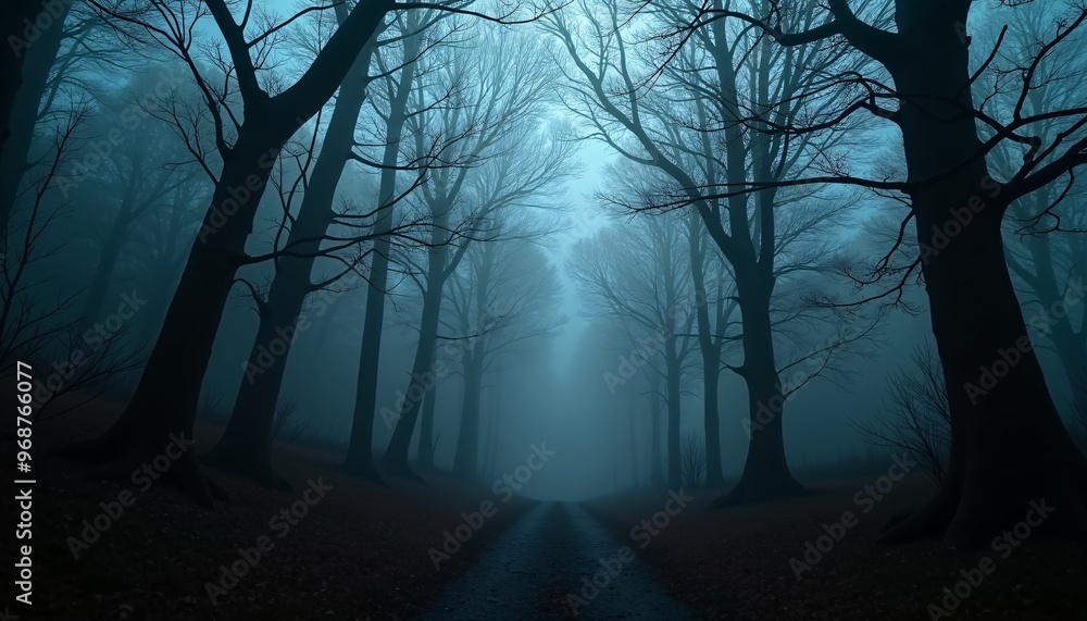 A Foggy, Dark Forest with Tangled Branches and Mysterious Shadows Lurking