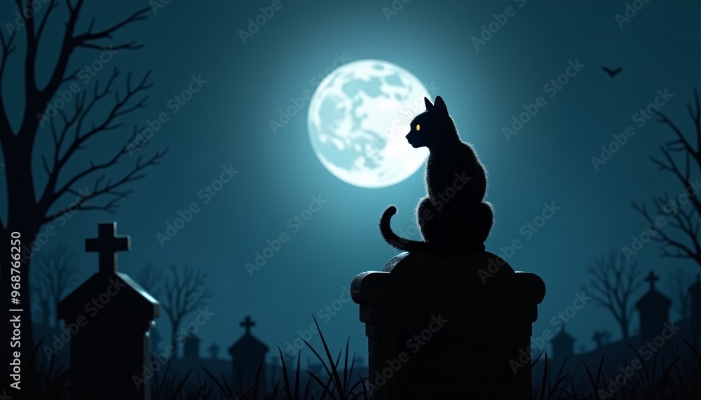 A Moonlit Night with a Silhouette of a Black Cat Sitting Atop a Gravestone A Moonlit Night with a Silhouette of a Black Cat Sitting Atop a Gravestone