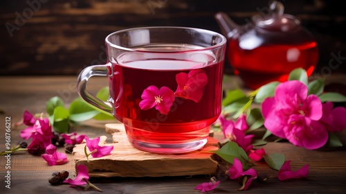 A glass cup of refreshing hibiscus tea surrounded by vibrant hibiscus flowers