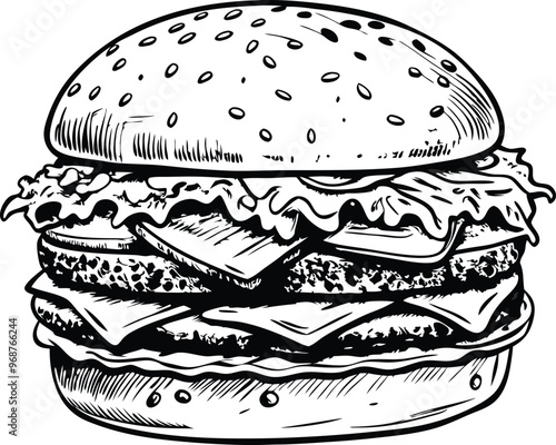 retro style sketch of big burger, hamburger hand drawn vector illustration