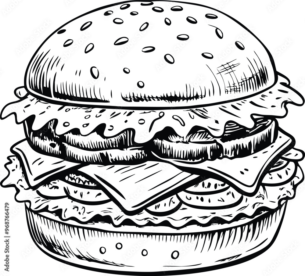 retro style sketch of big burger, hamburger hand drawn vector illustration retro style sketch of big burger, hamburger hand drawn vector illustration