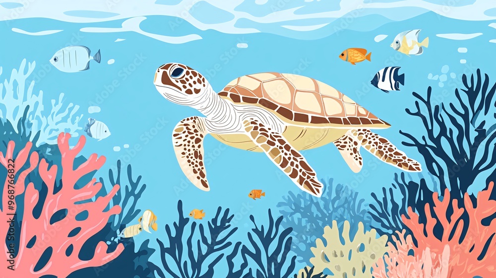 Obraz premium A sea turtle swims through a vibrant coral reef with colorful fish.