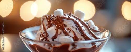 Decadent dessert with chocolate syrup and photo