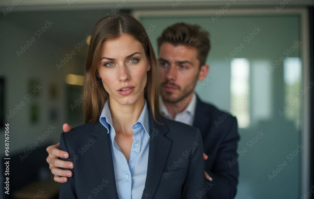Harassment in corporate setting, male boss places hand on young female employee shoulder. Woman in formal attire visibly uncomfortable, unwanted physical contact Harassment in corporate setting, male boss places hand on young female employee shoulder. Woman in formal attire visibly uncomfortable, unwanted physical contact