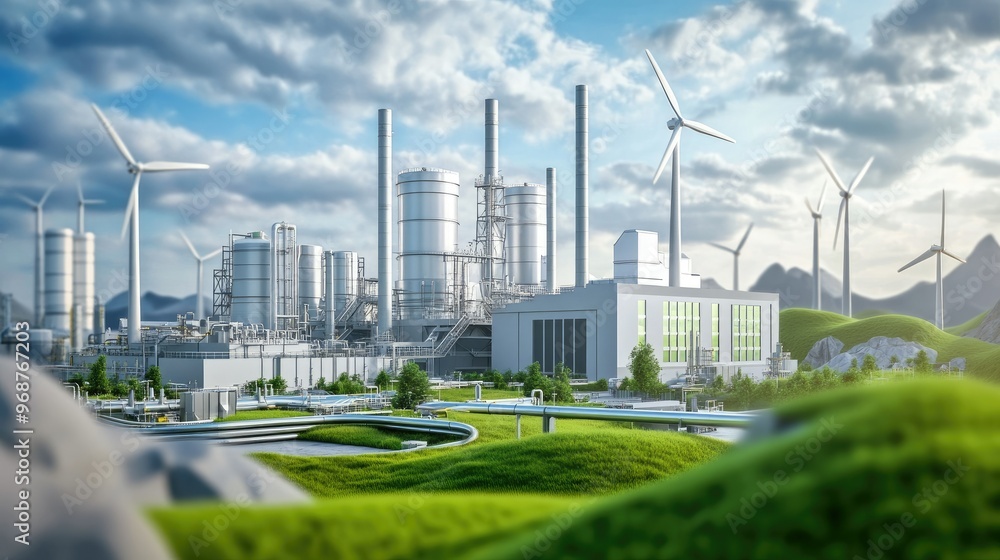 Advanced green factory with hydrogen pipeline and surrounding wind turbines, representing a commitment to renewable energy Advanced green factory with hydrogen pipeline and surrounding wind turbines, representing a commitment to renewable energy
