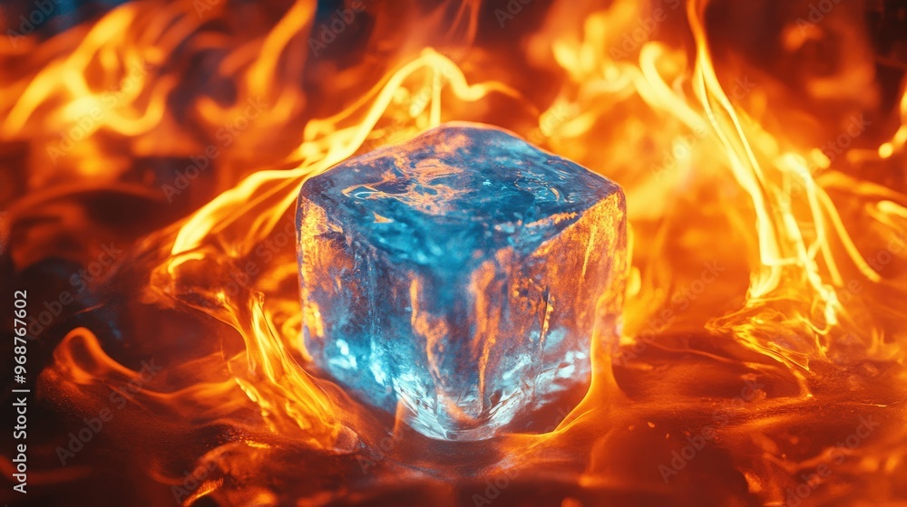 An ice cube surrounded by swirling flames, depicting the dynamic contrast between fire's warmth and ice's chilling essence An ice cube surrounded by swirling flames, depicting the dynamic contrast between fire's warmth and ice's chilling essence