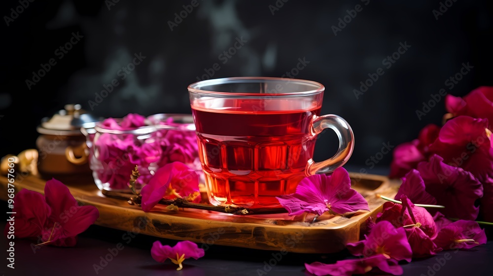 A glass cup of refreshing hibiscus tea surrounded by vibrant hibiscus flowers A glass cup of refreshing hibiscus tea surrounded by vibrant hibiscus flowers
