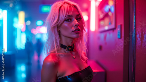 Cyberpunk fashion portrait, young female model with neon lights background, futuristic urban style, vibrant nightlife atmosphere, edgy look with trendy accessories