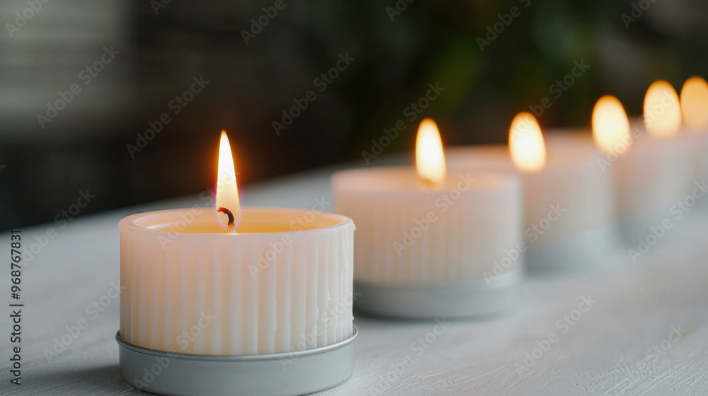 A serene arrangement of lit candles, radiating warmth and tranquility, perfect for creating a calming ambiance in any setting. A serene arrangement of lit candles, radiating warmth and tranquility, perfect for creating a calming ambiance in any setting.