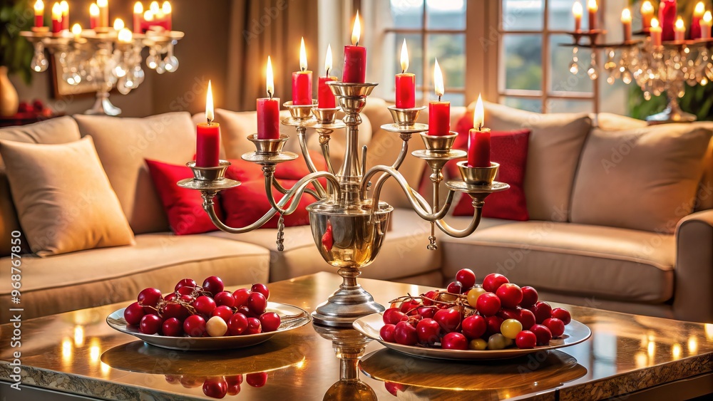 Crimson cherry clusters cascading down a candle-lit chandelier, casting a warm champagne colored glow on the chrome coffee table below. Crimson cherry clusters cascading down a candle-lit chandelier, casting a warm champagne colored glow on the chrome coffee table below.