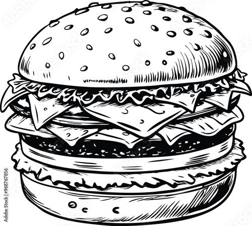 retro style sketch of big burger, hamburger hand drawn vector illustration