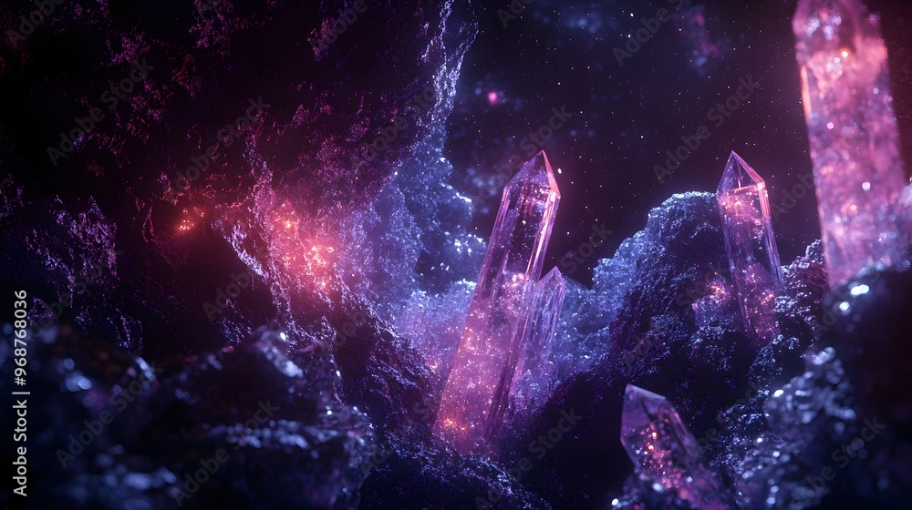 Crystal-like structures growing in a dark 3D space with a mystical glow Crystal-like structures growing in a dark 3D space with a mystical glow