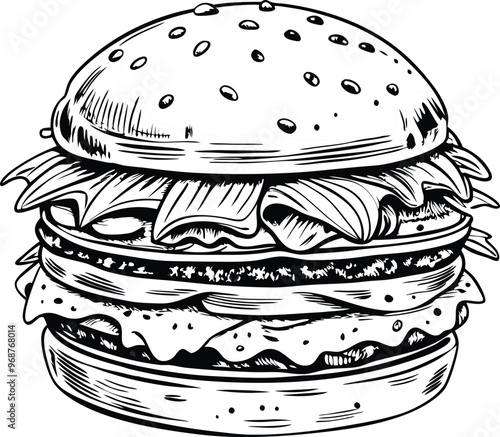 retro style sketch of big burger, hamburger hand drawn vector illustration