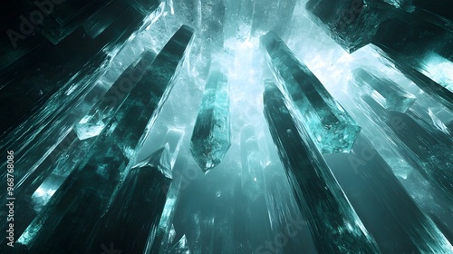 Crystal-like structures growing in a dark 3D space with a mystical glow