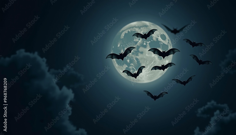 A Collection of Bats Flying Across a Dark, Cloudy Night Sky with a Full Moon A Collection of Bats Flying Across a Dark, Cloudy Night Sky with a Full Moon