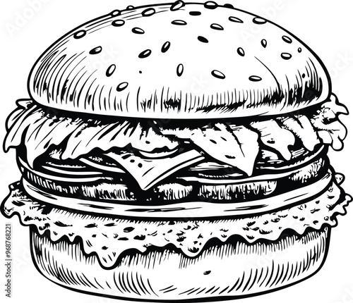 retro style sketch of big burger, hamburger hand drawn vector illustration