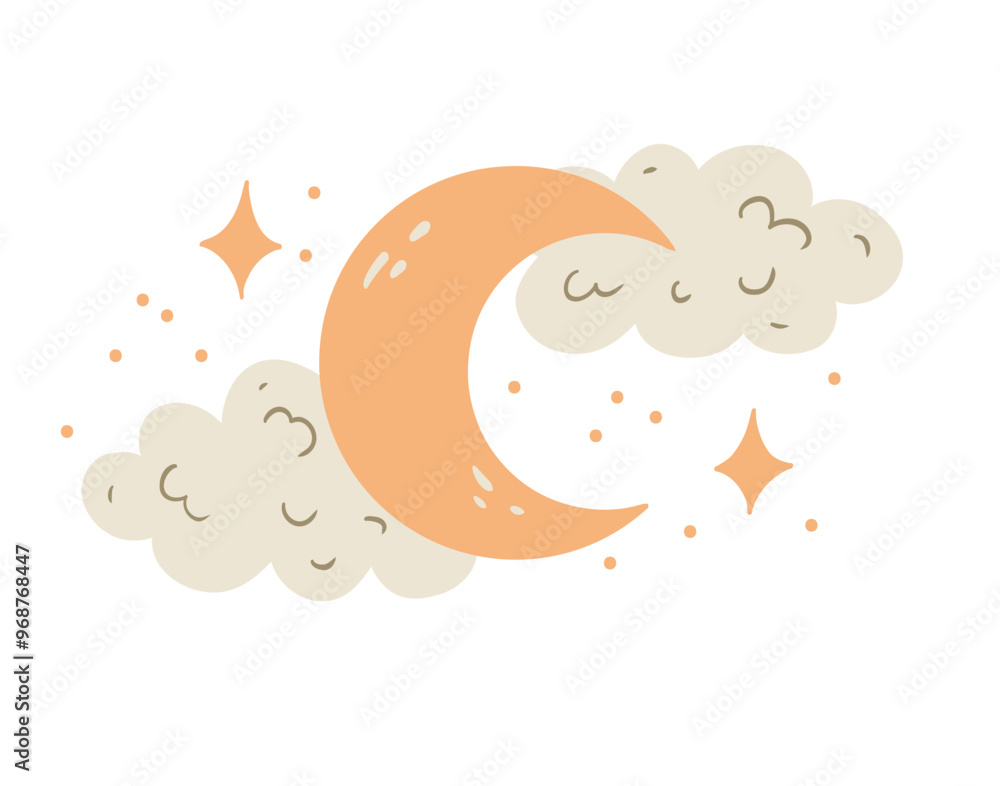 Cute Moon with Clouds and Stars. Retro hand drawn Cozy Isolated stickers Cute Moon with Clouds and Stars. Retro hand drawn Cozy Isolated stickers