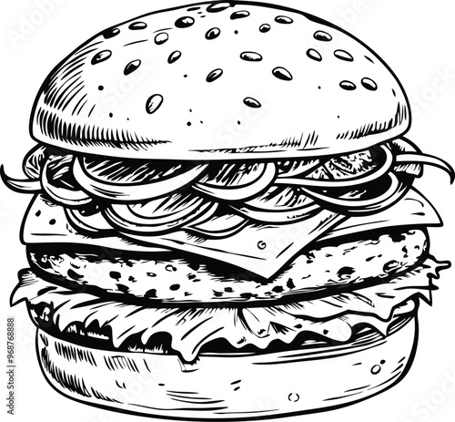 retro style sketch of big burger, hamburger hand drawn vector illustration