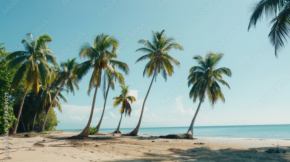 Obraz premium Beautiful Summer Beach Background with Palm Leaves and Ocean View