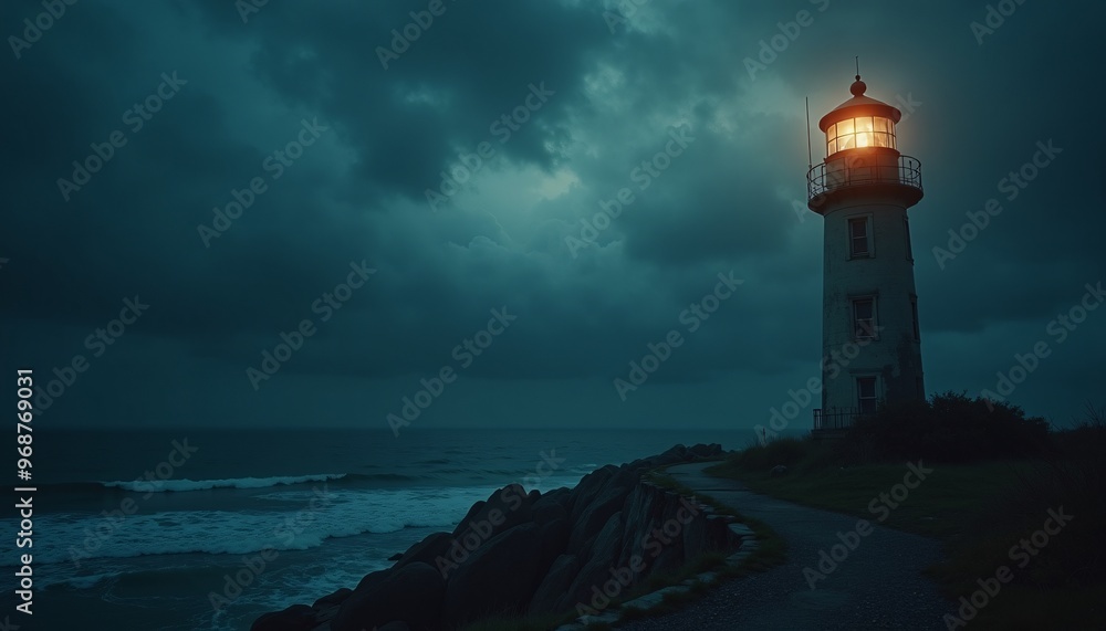 A Haunted Lighthouse with Flickering Lights and a Stormy, Dark Ocean in the Background A Haunted Lighthouse with Flickering Lights and a Stormy, Dark Ocean in the Background