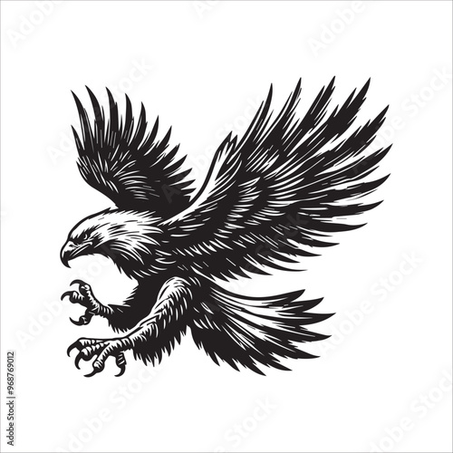 Bald eagle Silhouette Clipart - Eagle Bird Vector Illustration in black and white