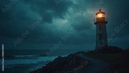 A Haunted Lighthouse with Flickering Lights and a Stormy, Dark Ocean in the Background