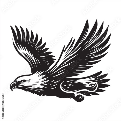 Bald eagle Silhouette Clipart - Eagle Bird Vector Illustration in black and white