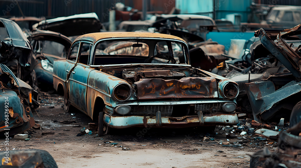The rusty remnants of an old car, with its frame corroded and crumbling, set among piles of scrapped vehicles in a dusty junkyard The rusty remnants of an old car, with its frame corroded and crumbling, set among piles of scrapped vehicles in a dusty junkyard
