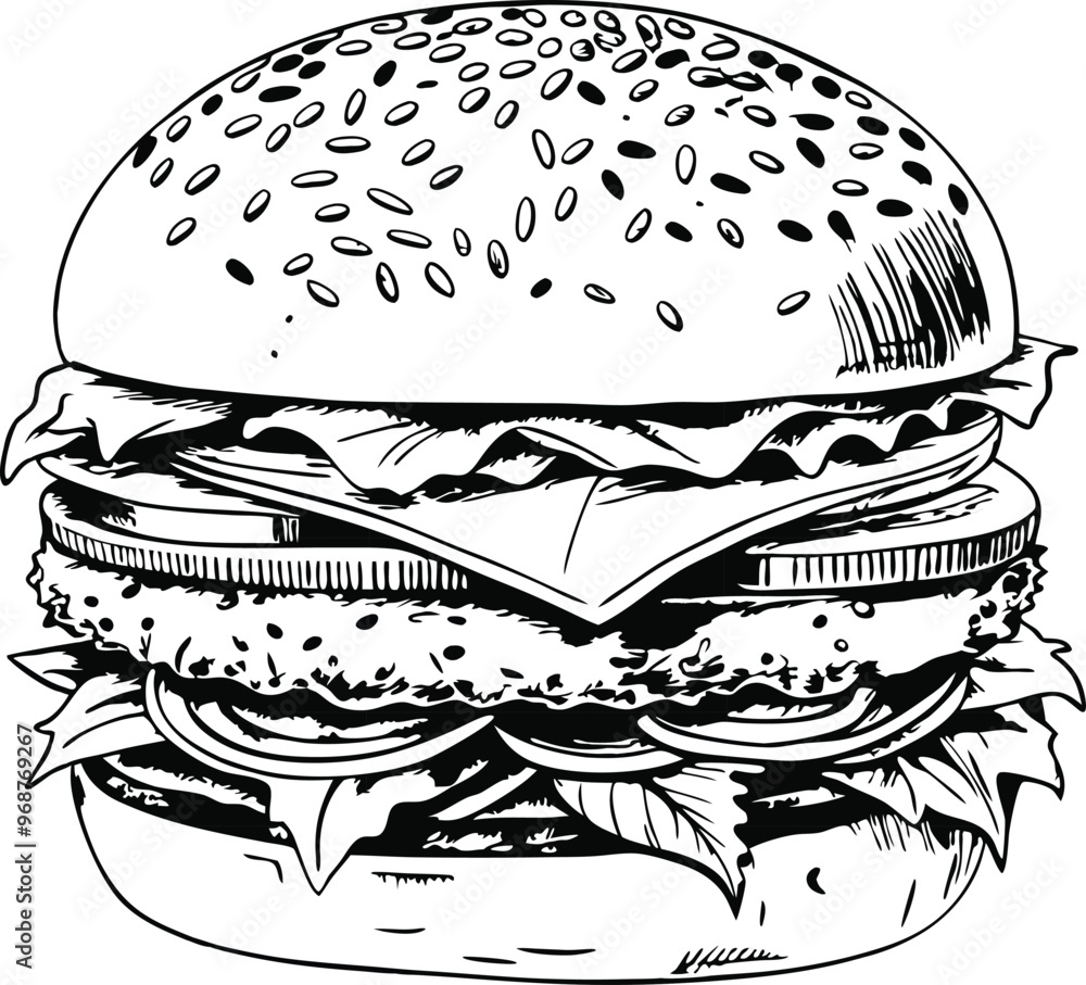 retro style sketch of big burger, hamburger hand drawn vector illustration retro style sketch of big burger, hamburger hand drawn vector illustration