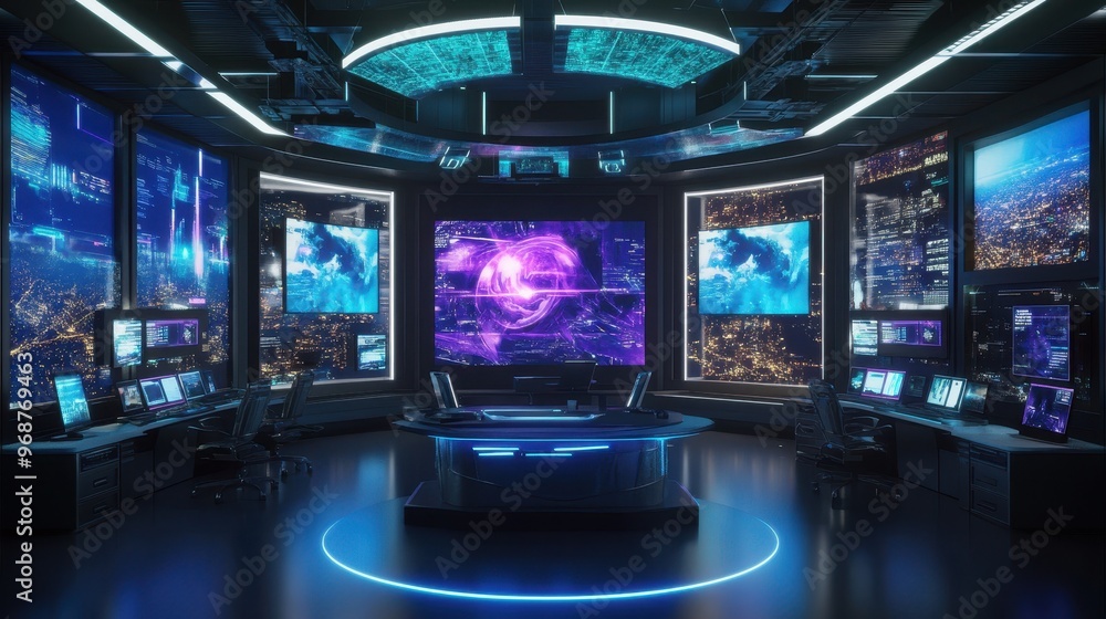 A modern news set features cutting-edge holographic displays and vibrant cityscapes outside at night A modern news set features cutting-edge holographic displays and vibrant cityscapes outside at night