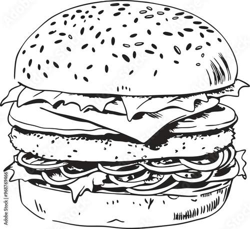 retro style sketch of big burger, hamburger hand drawn vector illustration