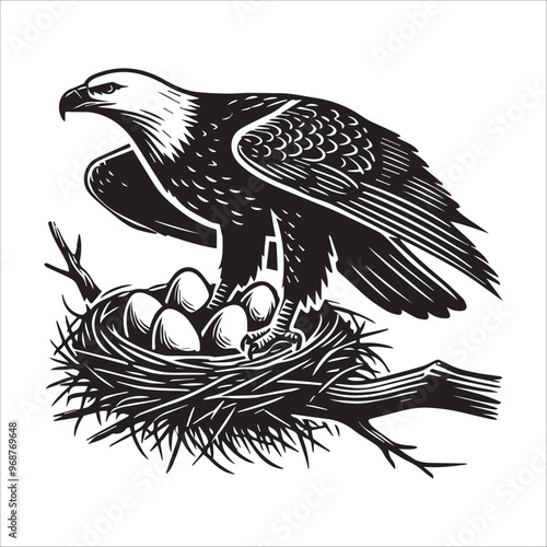 Bald eagle Silhouette Clipart - Eagle Bird Vector Illustration in black and white