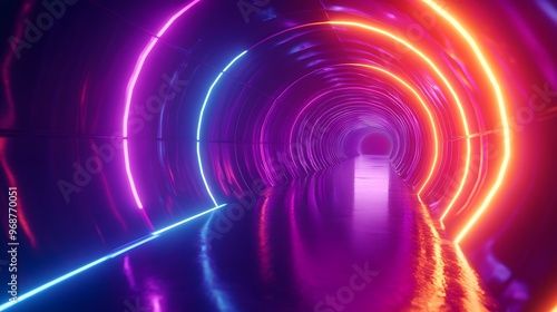 Neon spiral tunnel leading into the unknown in a futuristic 3D space