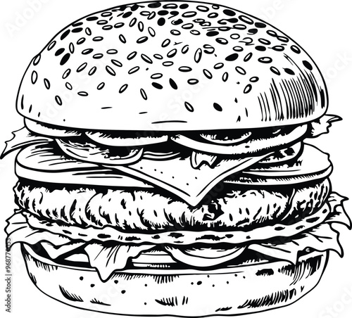 retro style sketch of big burger, hamburger hand drawn vector illustration