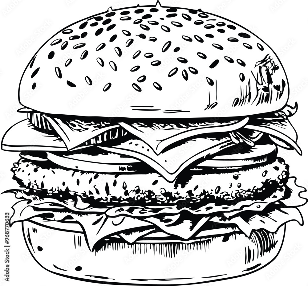 retro style sketch of big burger, hamburger hand drawn vector illustration retro style sketch of big burger, hamburger hand drawn vector illustration