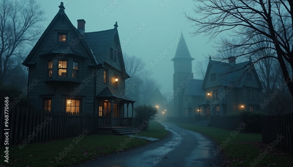 A Haunted Village with Crooked, Spooky Houses and Fog Rolling Through Dark, Winding Streets A Haunted Village with Crooked, Spooky Houses and Fog Rolling Through Dark, Winding Streets