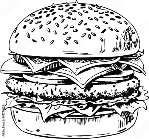 retro style sketch of big burger, hamburger hand drawn vector illustration