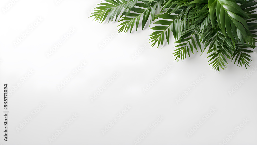 Obraz premium Top view of tropical palm leaves on white background with copy space.