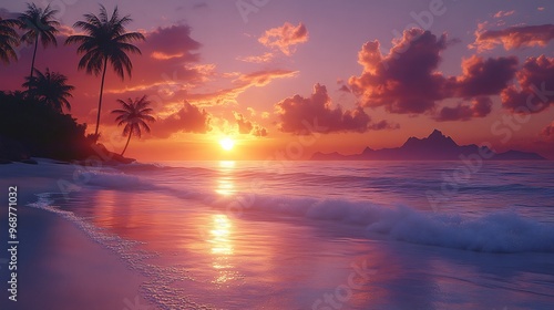 Photorealistic image of a serene beach at sunset with soft waves lapping at the shore palm trees silhouetted against the vibrant sky and the sun setting over the horizon