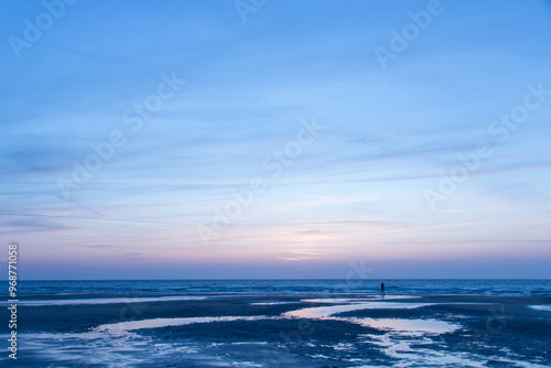 Obraz na plátně Silhouette sur une grande plage vide et l océan au crépuscule
