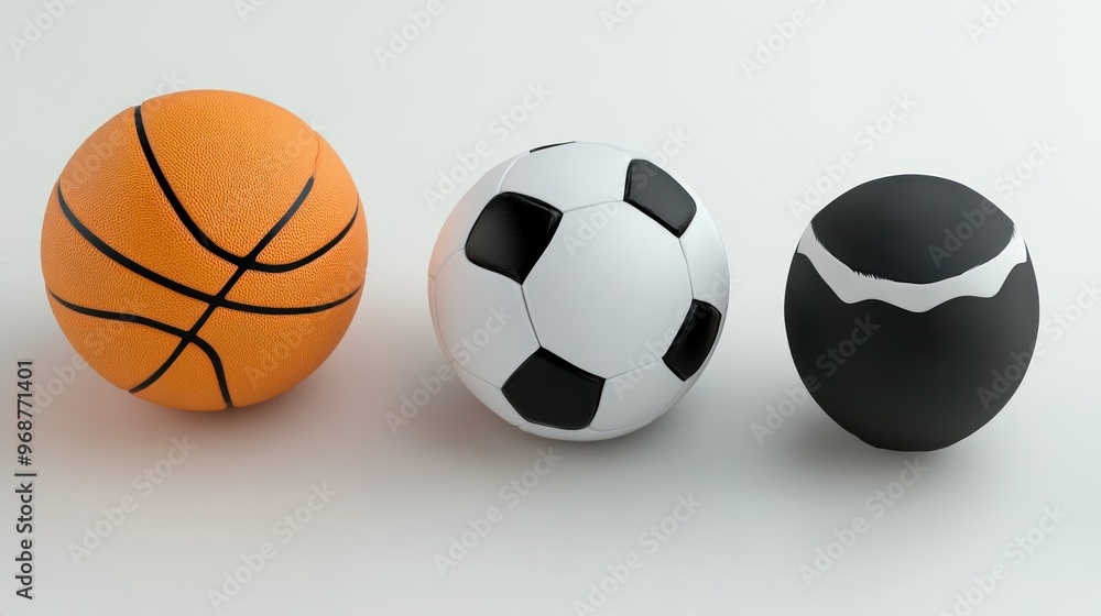 Basketball, Soccer Ball, and Black Sphere on a White Background Basketball, Soccer Ball, and Black Sphere on a White Background