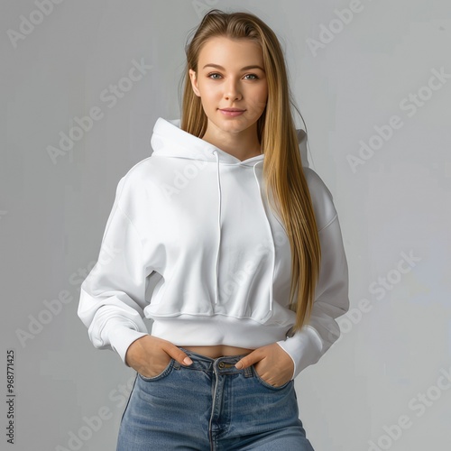 A girl model in a cropped women's white hoodie isolated on a gray background. advertising template photo