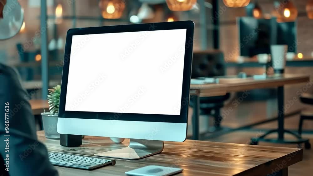 A person using a computer in a modern office setting, with a blank screen and warm ambient lighting A person using a computer in a modern office setting, with a blank screen and warm ambient lighting