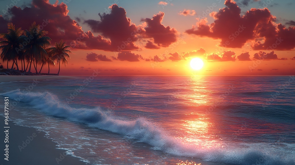 Photorealistic image of a serene beach at sunset with soft waves lapping at the shore palm trees silhouetted against the vibrant sky and the sun setting over the horizon Photorealistic image of a serene beach at sunset with soft waves lapping at the shore palm trees silhouetted against the vibrant sky and the sun setting over the horizon
