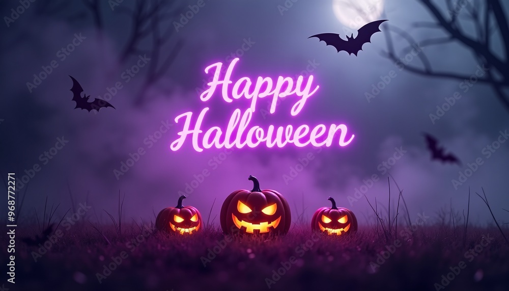 A Background of Swirling Fog with Silhouetted Bats and Pumpkins, and 'Happy Halloween' in Glowing Purple Letters A Background of Swirling Fog with Silhouetted Bats and Pumpkins, and 'Happy Halloween' in Glowing Purple Letters