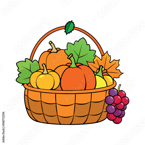 autumn Basket with pumpkin, grapes, apples and pears Clipart isolated vector illustration