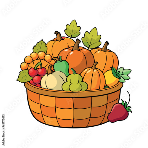 autumn Basket with pumpkin, grapes, apples and pears Clipart isolated vector illustration