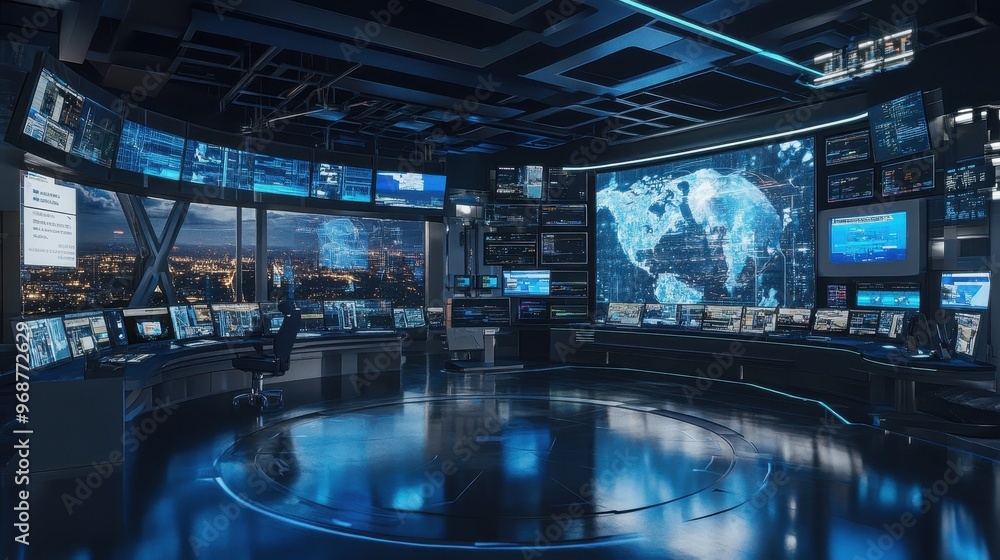 A high-tech news set showcases holographic technology used for real-time reporting and data visualization in broadcasting A high-tech news set showcases holographic technology used for real-time reporting and data visualization in broadcasting