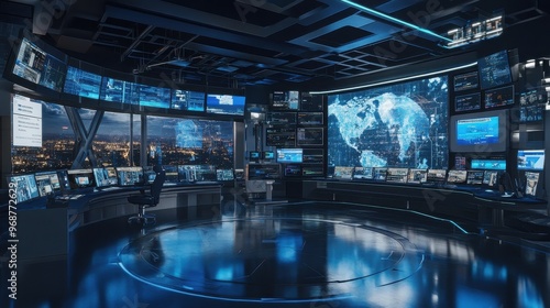 A high-tech news set showcases holographic technology used for real-time reporting and data visualization in broadcasting